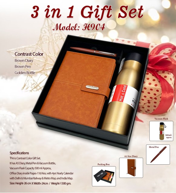 3 in 1 gift set model h904 brown diary, brown pen and golden bottle